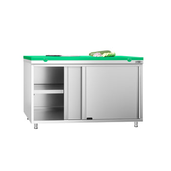 Szafka robocza ze stali nierdzewnej PREMIUM - 1400 x 600 mm - z drzwiami przesuwnymi - wraz z deską do krojenia w kolorze zielonym - Prime Gastro