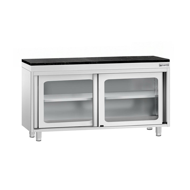 Szafka robocza ze stali nierdzewnej PREMIUM – 1400 x 600 mm – z przesuwanymi szklanymi drzwiami – wraz z blatem granitowym