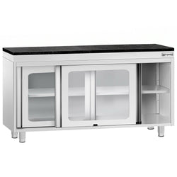 Szafka robocza ze stali nierdzewnej PREMIUM – 1600 x 600 mm – z przesuwanymi szklanymi drzwiami – wraz z blatem granitowym