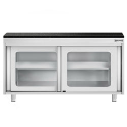Szafka robocza ze stali nierdzewnej PREMIUM – 1400 x 700 mm – z przesuwanymi szklanymi drzwiami – wraz z blatem granitowym