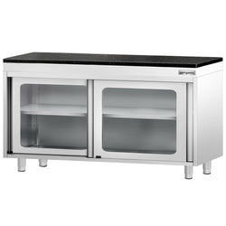 Szafka robocza ze stali nierdzewnej PREMIUM – 1400 x 600 mm – z przesuwanymi szklanymi drzwiami – wraz z blatem granitowym