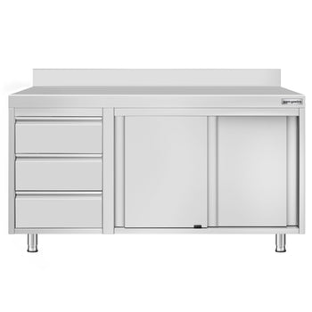Szafka robocza ze stali nierdzewnej ECO - 1400x700 mm - z 3 szufladami po lewej stronie i panelem tylnym - Prime Gastro