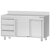 Stainless Steel Floor Cupboard ECO - 1400x700mm - with Sliding Doors & 3 Drawers left & Upstand