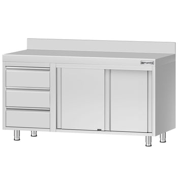 Szafka robocza ze stali nierdzewnej ECO - 1400x700 mm - z 3 szufladami po lewej stronie i panelem tylnym - Prime Gastro