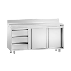 Stainless Steel Floor Cupboard PREMIUM - 1400x700mm - with Sliding Doors - with 3 Drawers left & Upstand