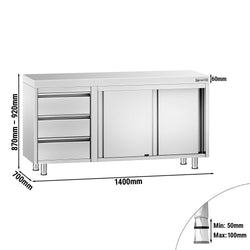 Stainless Steel Floor Cupboard PREMIUM - 1400x700mm - with Sliding Doors - with 3 Drawers right