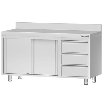 Szafka robocza ze stali nierdzewnej ECO - 1400x700 mm - z 3 szufladami po prawej stronie i panelem tylnym - Prime Gastro