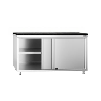 Szafka robocza ze stali nierdzewnej PREMIUM – 1600 x 700 mm – z drzwiami przesuwnymi – wraz z blatem granitowym