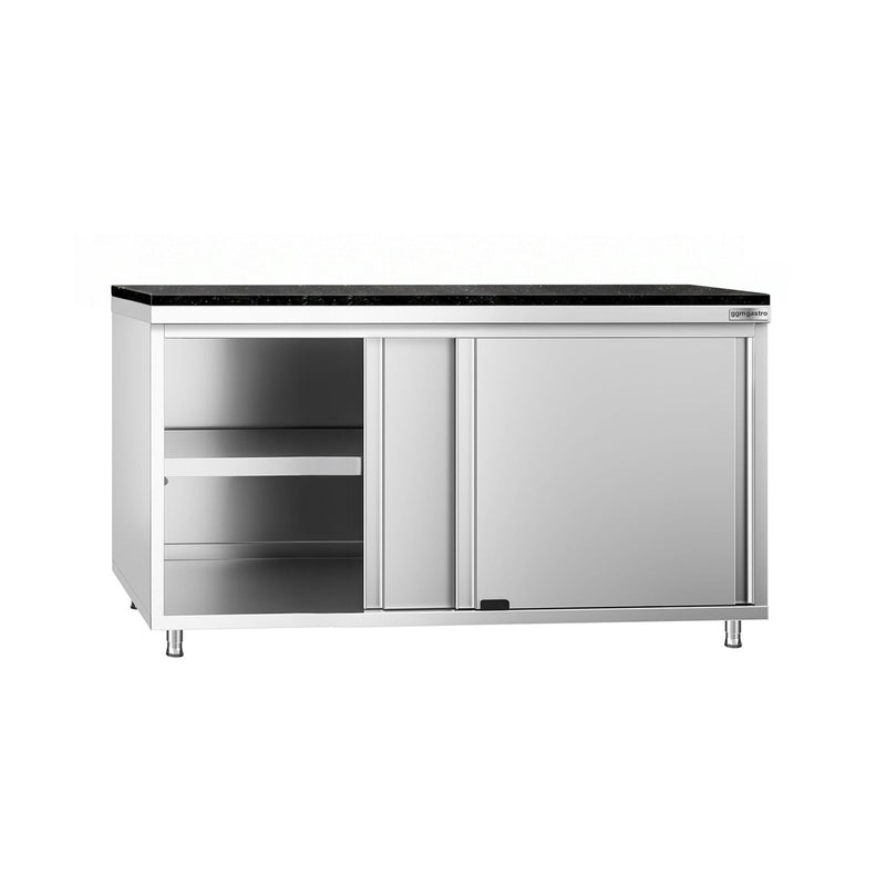 Szafka robocza ze stali nierdzewnej PREMIUM – 1600 x 800 mm – z drzwiami przesuwnymi – wraz z blatem granitowym