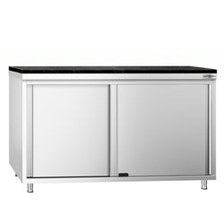 Szafka robocza ze stali nierdzewnej PREMIUM – 1600 x 700 mm – z drzwiami przesuwnymi – wraz z blatem granitowym