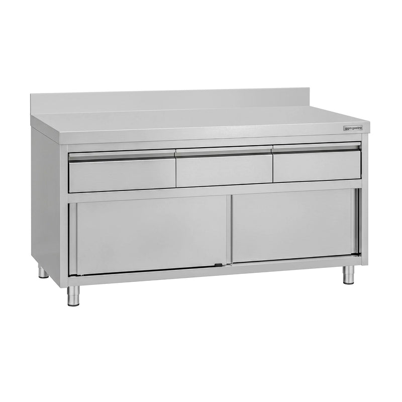 Szafka robocza ze stali nierdzewnej ECO – 1600 x 600 mm – z obrzeżem – z 3 szufladami i drzwiami przesuwnymi