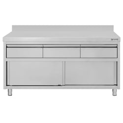 Szafka robocza ze stali nierdzewnej ECO – 1600 x 600 mm – z obrzeżem – z 3 szufladami i drzwiami przesuwnymi