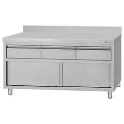 Szafka robocza ze stali nierdzewnej ECO – 1600 x 600 mm – z obrzeżem – z 3 szufladami i drzwiami przesuwnymi