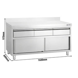 Szafka robocza ze stali nierdzewnej PREMIUM – 1600 x 600 mm – z obrzeżem – z 3 szufladami i drzwiami przesuwnymi