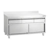 Szafka robocza ze stali nierdzewnej PREMIUM – 1600 x 600 mm – z obrzeżem – z 3 szufladami i drzwiami przesuwnymi