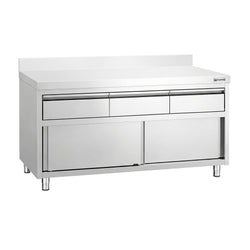 Szafka robocza ze stali nierdzewnej PREMIUM – 1600 x 600 mm – z obrzeżem – z 3 szufladami i drzwiami przesuwnymi
