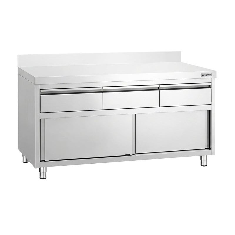 Szafka robocza ze stali nierdzewnej PREMIUM – 1600 x 600 mm – z obrzeżem – z 3 szufladami i drzwiami przesuwnymi