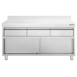 Szafka robocza ze stali nierdzewnej PREMIUM – 1600 x 600 mm – z obrzeżem – z 3 szufladami i drzwiami przesuwnymi