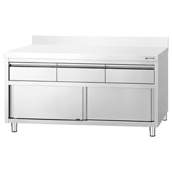 Szafka robocza ze stali nierdzewnej PREMIUM – 1600 x 600 mm – z obrzeżem – z 3 szufladami i drzwiami przesuwnymi