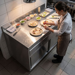 Szafka robocza ze stali nierdzewnej PREMIUM – 1600 x 600 mm – z obrzeżem – z 3 szufladami i drzwiami przesuwnymi