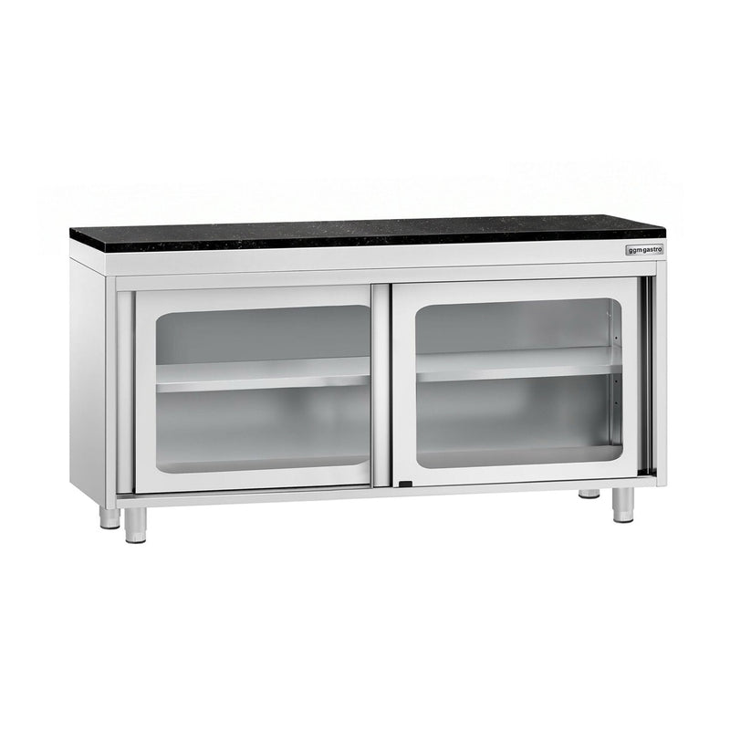 Szafka robocza ze stali nierdzewnej PREMIUM – 1600 x 600 mm – z przesuwanymi szklanymi drzwiami – wraz z blatem granitowym
