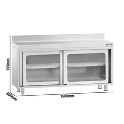 Szafka robocza ze stali nierdzewnej PREMIUM – 1600 x 600 mm – z przesuwanymi drzwiami szklanymi i nadstawką