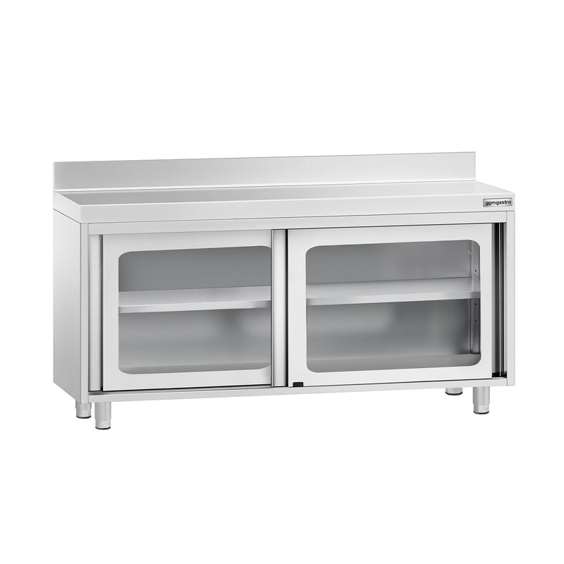 Szafka robocza ze stali nierdzewnej PREMIUM - 1600x600mm - z szklanymi drzwiami suwanymi, z półką pośrednią, z rantem