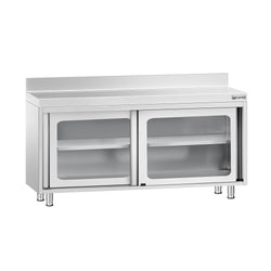 Szafka robocza ze stali nierdzewnej PREMIUM – 1600 x 600 mm – z przesuwanymi drzwiami szklanymi i nadstawką