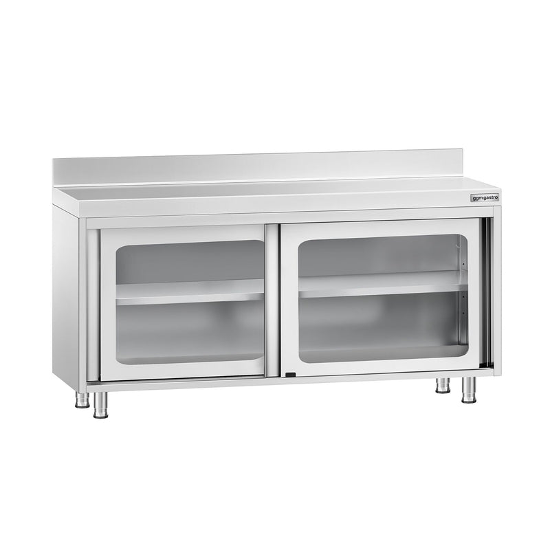 Szafka robocza ze stali nierdzewnej PREMIUM – 1600 x 600 mm – z przesuwanymi drzwiami szklanymi i nadstawką