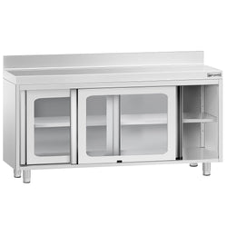 Szafka robocza ze stali nierdzewnej PREMIUM - 1600x600mm - z szklanymi drzwiami suwanymi, z półką pośrednią, z rantem