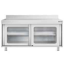 Szafka robocza ze stali nierdzewnej PREMIUM – 1600 x 600 mm – z przesuwanymi drzwiami szklanymi i nadstawką