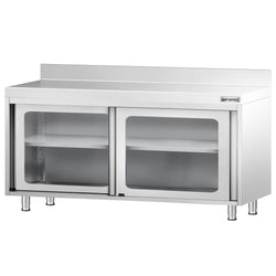 Szafka robocza ze stali nierdzewnej PREMIUM – 1600 x 600 mm – z przesuwanymi drzwiami szklanymi i nadstawką
