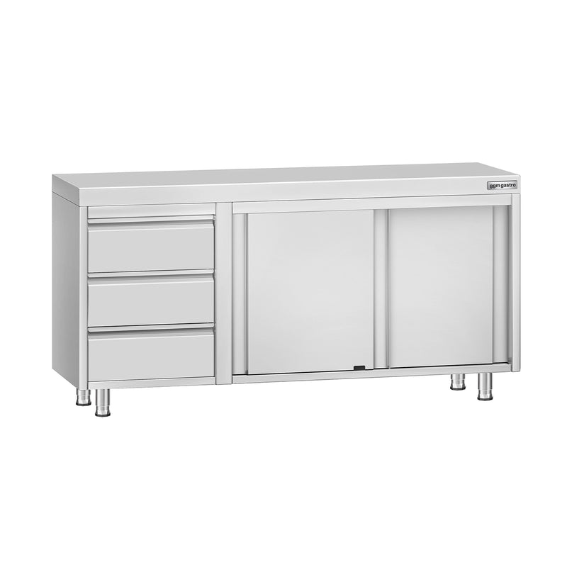 Szafka robocza ECO – stal nierdzewna – 1600 x 600 mm – z 3 szufladami po lewej stronie