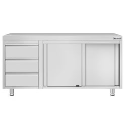 Szafka robocza ECO – stal nierdzewna – 1600 x 600 mm – z 3 szufladami po lewej stronie