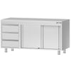 Szafka robocza ECO – stal nierdzewna – 1600 x 600 mm – z 3 szufladami po lewej stronie