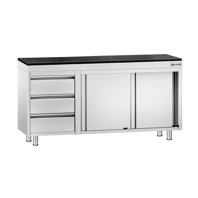 Szafka robocza ze stali nierdzewnej PREMIUM – 1600 x 600 mm – z 3 szufladami po lewej stronie – wraz z blatem granitowym