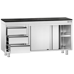 Szafka robocza ze stali nierdzewnej PREMIUM – 1600 x 600 mm – z 3 szufladami po lewej stronie – wraz z blatem granitowym