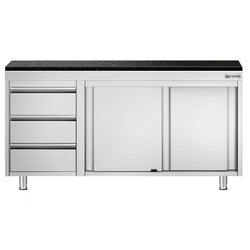 Szafka robocza ze stali nierdzewnej PREMIUM – 1600 x 700 mm – z 3 szufladami po lewej stronie – wraz z blatem granitowym