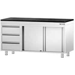Szafka robocza ze stali nierdzewnej PREMIUM – 1600 x 700 mm – z 3 szufladami po lewej stronie – wraz z blatem granitowym
