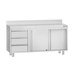 Stainless Steel Floor Cupboard ECO - 1600x600mm - with Sliding Doors - with 3 Drawers left & Upstand