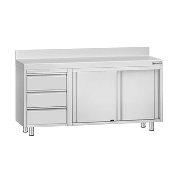 Szafka robocza ze stali nierdzewnej ECO - 1600x600 mm - z 3 szufladami po lewej stronie i panelem tylnym - Prime Gastro