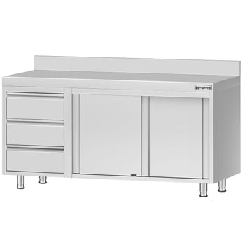 Szafka robocza ze stali nierdzewnej ECO - 1600x600 mm - z 3 szufladami po lewej stronie i panelem tylnym - Prime Gastro