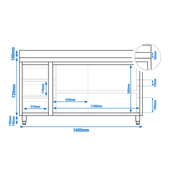 Szafka robocza ze stali nierdzewnej ECO - 1600x700 mm - z 3 szufladami po lewej stronie i panelem tylnym - Prime Gastro