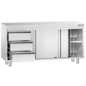 Szafka robocza ze stali nierdzewnej PREMIUM – 1600 x 600 mm – z 3 szufladami po lewej stronie - Prime Gastro