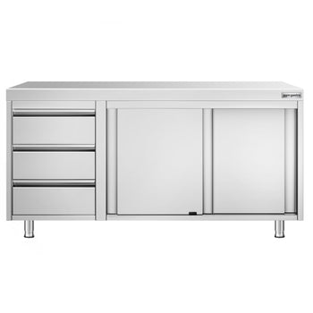 Szafka robocza ze stali nierdzewnej PREMIUM – 1600 x 600 mm – z 3 szufladami po lewej stronie - Prime Gastro