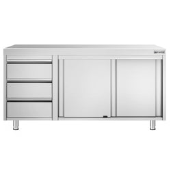 Stainless Steel Floor Cupboard PREMIUM - 1600x600mm - with Sliding Doors - with 3 Drawers left
