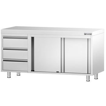 Szafka robocza ze stali nierdzewnej PREMIUM – 1600 x 600 mm – z 3 szufladami po lewej stronie - Prime Gastro