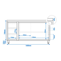 Szafka robocza ze stali nierdzewnej PREMIUM – 1600 x 700 mm – z 3 szufladami po lewej stronie – wraz z blatem granitowym