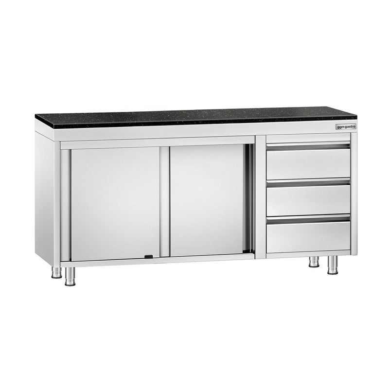 Szafka robocza ze stali nierdzewnej PREMIUM – 1600 x 700 mm – z 3 szufladami po prawej stronie – wraz z blatem granitowym