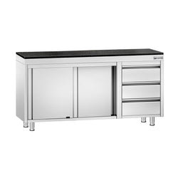 Szafka robocza ze stali nierdzewnej PREMIUM – 1600 x 600 mm – z 3 szufladami po prawej stronie – wraz z blatem granitowym